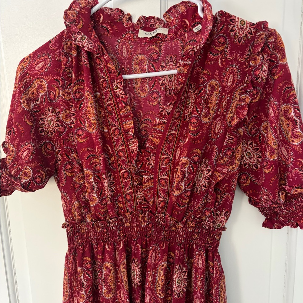 Red Paisley Maxi Dress women’s small V Neck tiered unlined ruffle smocked waist - Picture 2 of 8